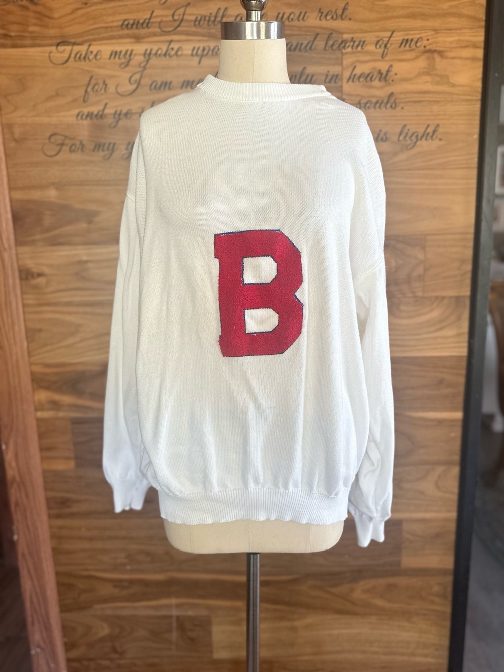 United Colors Of Benetton Rare VTG White Crewneck “B” Letterman Sweater EUC